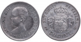 1892*92. Alfonso XIII (1886-1931). Madrid. 50 céntimos. PGM. A&C 28. Ag. 2,50 g. Atractiva. EBC. Est.30.