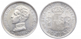 1904*04. Alfonso XIII (1886-1931). 50 Céntimos. SMV. A&C 46. Ag. 2,38 g. Brillo original. EBC. Est.20.