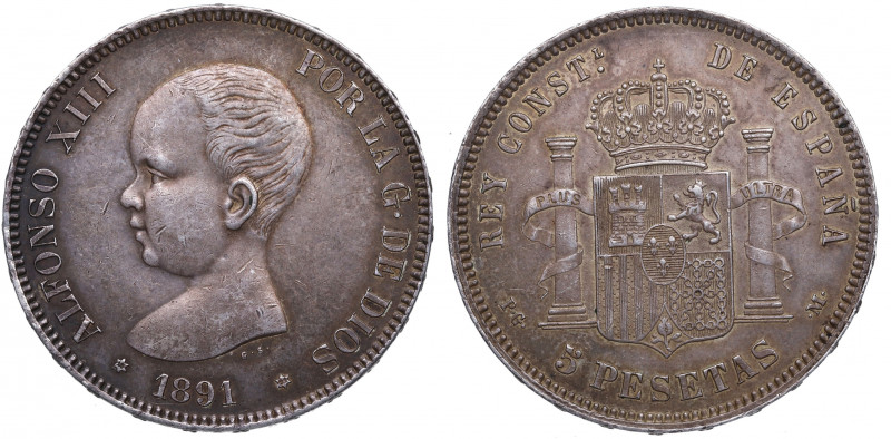 1891*91. Alfonso XIII (1886-1931). Madrid. 5 Pesetas. PMG. A&C 98. Ag. 25,18 g. ...
