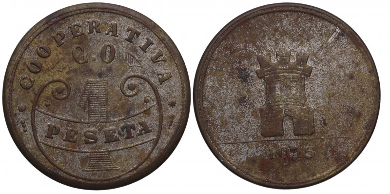 1915. Alfonso XIII (1886-1931). 1 Peseta Cooperativa Azcoitia. Ni. MBC+. Est.30.