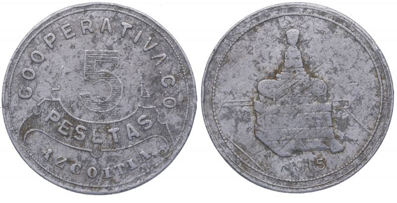 1915. Alfonso XIII (1886-1931). 5 Pesetas Cooperativa Azcoitia. Ni. MBC+ / MBC. ...