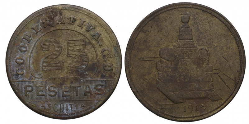 1915. Alfonso XIII (1886-1931). 25 Pesetas Cooperativa Azcoitia. Ni. MBC+. Est.3...