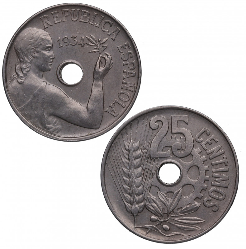 1934. II República (1931-1939). 25 Céntimos. A&C 13. Cu-Ni. SC-. Est.35.