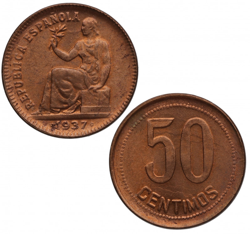 1937. II República (1931-1939). Madrid. 50 Céntimos. A&C 27. Cu. 6,15 g. SC-. Es...