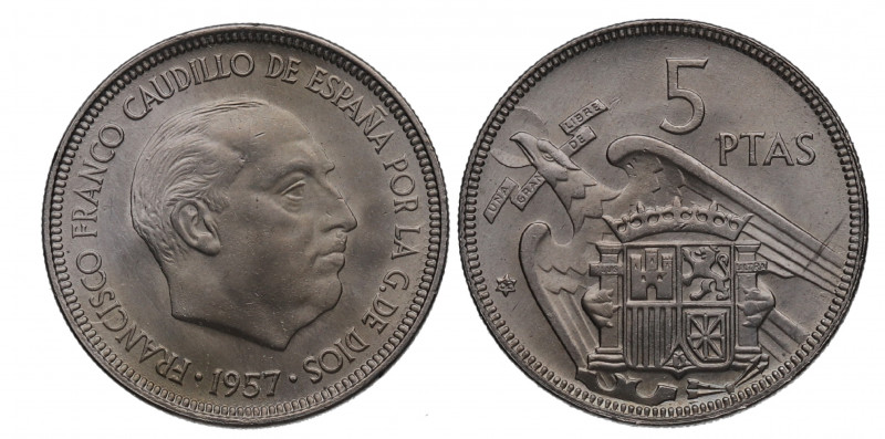 1957*62. Franco (1939-1975). 5 Pesetas. A&C 102. Cu. SC-. Est.20.