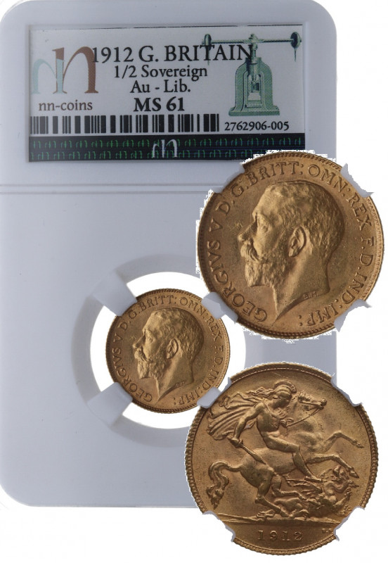 1912. Inglaterra. Jorge V. 1/2 soberano. Au. 4,02 g. Encapsulada por NN COINS MS...