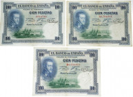 1925. II República (1931-1939). Lote de tres billetes de 100 pesetas. Pick 69c. Sin serie y sello seco. MBC. Est.70.