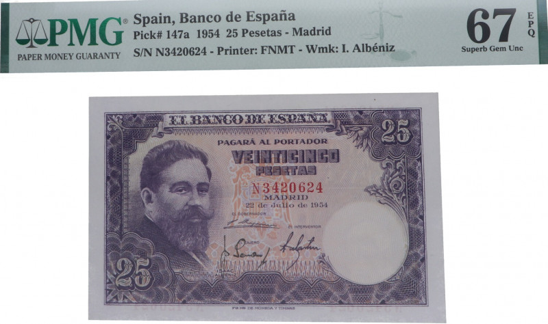 1954. Estado Español (1936-1975). 25 Pesetas. Pick# 147a. Encapsulado en PMG 67 ...