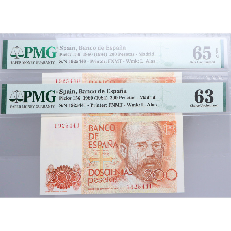 1980. Juan Carlos I (1975-2014). 2 Billetes de 200 Pesetas. Pick 156. Encapsulad...