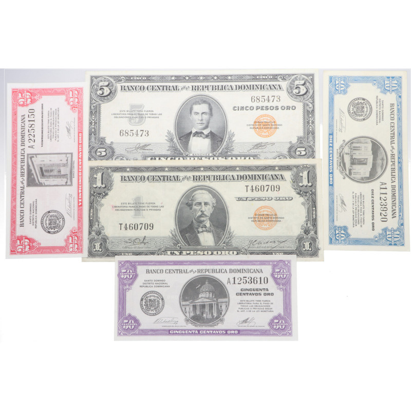 República Dominicana. Lote 5 billetes (10, 25, 50 centavos) y (1 y 5 Pesos). SC-...
