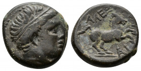 (Bronze, 3.92g 15mm) Kings of Macedon. Alexander III ‘the Great’ (336-323 BC). AE Miletos (?) c. 323-319.
 Diademed head of Apollo right. 
Rev.Horsema...