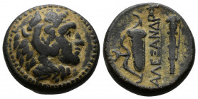(Bronze, 6.20g 18mm) Kings of Macedonia, Alexander III, 336-323 and posthumous issues, Bronze, c. 336-323 BC; AE 
Head of Herakles r., wearing leonte,...