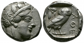 (Silver,17.16g 24mm) ATTICA. Athens. Tetradrachm (Circa 454-404 BC). AR
Helmeted head of Athena right, with frontal eye.
Rev: AΘE./ Owl standing right...