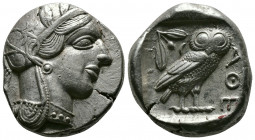 (Silver,17.14g 23mm) ATTICA. Athens. Tetradrachm (Circa 454-404 BC). AR
Helmeted head of Athena right, with frontal eye.
Rev: AΘE./ Owl standing right...