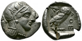 (Silver,17.10g 28mm) ATTICA. Athens. Tetradrachm (Circa 454-404 BC). AR
Helmeted head of Athena right, with frontal eye.
Rev: AΘE./ Owl standing right...