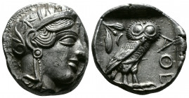 (Silver,17.17g 23mm) ATTICA. Athens. Tetradrachm (Circa 454-404 BC). AR
Helmeted head of Athena right, with frontal eye.
Rev: AΘE./ Owl standing right...