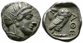(Silver,17.20g 24mm) ATTICA. Athens. Tetradrachm (Circa 454-404 BC). AR
Helmeted head of Athena right, with frontal eye.
Rev: AΘE./ Owl standing right...