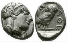 (Silver,17.14g 21mm) ATTICA. Athens. Tetradrachm (Circa 454-404 BC). AR
Helmeted head of Athena right, with frontal eye.
Rev: AΘE./ Owl standing right...