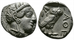(Silver,17.10g 23mm) ATTICA. Athens. Tetradrachm (Circa 454-404 BC). AR
Helmeted head of Athena right, with frontal eye.
Rev: AΘE./ Owl standing right...