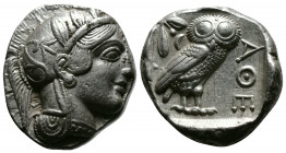 (Silver,17.12g 23mm) ATTICA. Athens. Tetradrachm (Circa 454-404 BC). AR
Helmeted head of Athena right, with frontal eye.
Rev: AΘE./ Owl standing right...