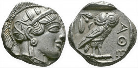 (Silver,17.22g 24mm) ATTICA. Athens. Tetradrachm (Circa 454-404 BC). AR
Helmeted head of Athena right, with frontal eye.
Rev: AΘE./ Owl standing right...