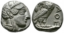 (Silver,17.07g 23mm) ATTICA. Athens. Tetradrachm (Circa 454-404 BC). AR
Helmeted head of Athena right, with frontal eye.
Rev: AΘE./ Owl standing right...