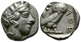 (Silver 16.91g 23mm)ATTICA. Athens. Tetradrachm (Circa 454-404 BC). AR
Helmeted head of Athena right, with frontal eye.
Rev: AΘE./ Owl standing right,...