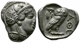 (Silver 17.20g 23mm)ATTICA. Athens. Tetradrachm (Circa 454-404 BC). AR
Helmeted head of Athena right, with frontal eye.
Rev: AΘE./ Owl standing right,...