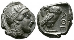 (Silver 16.91g 24mm) ATTICA. Athens. Tetradrachm (Circa 454-404 BC). AR
Helmeted head of Athena right, with frontal eye.
Rev: AΘE./ Owl standing right...