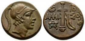 (Bronze, 7.92g 20mm) PONTOS. Amisos. Time of Mithradates VI Eupator, circa 85-65 BC. AE
 Helmeted head of Ares right. 
Rev. AMI-ΣΟΥ Sword in sheath; i...
