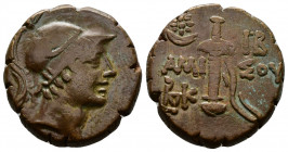 (Bronze, 8.62g 20mm) PONTOS. Amisos. Time of Mithradates VI Eupator, circa 85-65 BC. AE
Helmeted head of Ares right. 
Rev. AMI-ΣΟΥ Sword in sheath; in...
