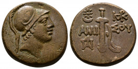 (Bronze, 8.37g 21mm) PONTOS. Amisos. Time of Mithradates VI Eupator, circa 85-65 BC. AE
Helmeted head of Ares right. 
Rev. AMI-ΣΟΥ Sword in sheath; in...