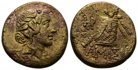 (Bronze, 8.06g 22mm)Pontos, Amisos. 85-65. Wreathed head of Mithradates VI. AE
 Dionysos right 
Rev.Cista mystica with panther skin and thyrsos