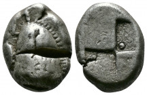 (Silver 6.12g 17mm) Paphlagonia. Sinope circa 490-425 BC. Drachm AR
Eagle's head left, below, dolphin left
Rev: Quadripartite incuse square with two o...