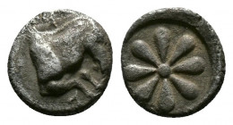 (0.36g 7mm Silver) AEOLIS, Kyme. 4th century BC. AR Hemiobol 
 Forepart of horse right 
Rev.Floral pattern. 
SNG Copenhagen 34.