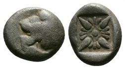 (1.10g 9mm Silver) Ionia. Miletos 550-400 BC. Diobol AR 
Forepart of lion left 
Rev. stellate pattern within incuse square. 
SNG Kayhan 476-82