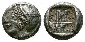 (1.37g 10mm Silver )IONIA. Phocaea. Ca. late 6th-early 5th centuries BC. AR diobol or hemidrachm
 Archaic styled female head left, wearing helmet or c...
