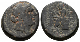 (Bronze, 13.00g 22mm) IONIA, Smyrna. Circa 105-95 BC.AE Apollonios and Sepia–, magistrates.
 Laureate head of Apollo right 
Rev.Homer seated left, res...