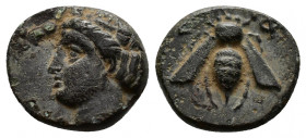 (Bronze, 1.10g 12mm) IONIA. Ephesus. AE ca. 305-288 B.C. BMC-14.55,69. AE
Head of Tyche turreted, facing left. 
Rev. Bee.