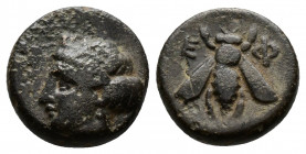 (Bronze, 1.40g 11mm) IONIA. Ephesus. AE ca. 305-288 B.C. BMC-14.55,69. AE
Head of Tyche turreted, facing left. 
Rev. Bee.