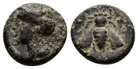 (Bronze, 1.25g 12mm) IONIA. Ephesus. AE ca. 305-288 B.C. BMC-14.55,69. AE
Head of Tyche turreted, facing left. 
Rev. Bee.