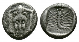 (0.64g 9mm Silver) CARIA. Mylasa. Hemiobol (Circa 450-400 BC). 
Facing forepart of lion. 
Rev: Scorpion within incuse square. 
SNG von Aulock 7803.