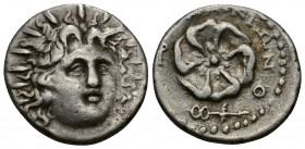 (Silver 4.05g 19mm) Rhodos, Rhodes AR Drachm. Circa 88/42 BC-AD 14. Meikion, magistrate. 
Radiate head of Helios facing, turned slightly to right
Rev:...