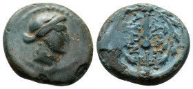 (Bronze, 2.86g 16mm) Lydia, Sardes. Ca. 133 B.C.-A.D. 14. AE
Laureate head of Apollo right
Rev.ΣAPΔI-ANΩN, club within oak wreath, monogram.