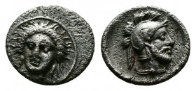 (Silver 0.31g 8mm) Cilicia. Tarsos. Time of Pharnabazos or Datames 379-372 BC. Obol AR
Female head (Arethusa?) facing slightly left
Rev: Helmeted and ...