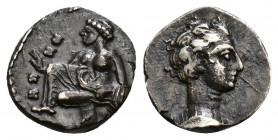 (Silver 0.47g 8mm) CILICIA, Tarsos. Tiribazos, satrap of Lydia (388-380 BC) AR Obol
Head of young male to right.
Rev: Female kneeling left, casting as...