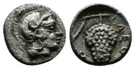 (Silver 0.52g 9mm) CILICIA. Soloi. (Circa 410-375 BC). AR Obol 
Helmeted head of Athena right.
Rev: Grape bunch on vine;
Göktürk -; SNG BN 187; SNG Le...