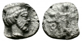(Silver 0.43g 9mm) CILICIA. Uncertain. Obol (4th century BC) AR
Bearded head of Dionysos right.
Rev: Figure standing lef, symbol to left.