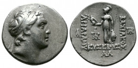 (Silver 4.17g 20mm) KINGS OF CAPPADOCIA. Ariarathes V Eusebes Philopator (Circa 163-130 BC). Drachm AR
Diademed head right.
Rev: thena standing left, ...