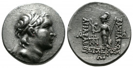 (Silver 4.23g 18mm) KINGS OF CAPPADOCIA. Ariarathes V Eusebes Philopator (Circa 163-130 BC). Drachm AR
Diademed head right.
Rev: thena standing left, ...